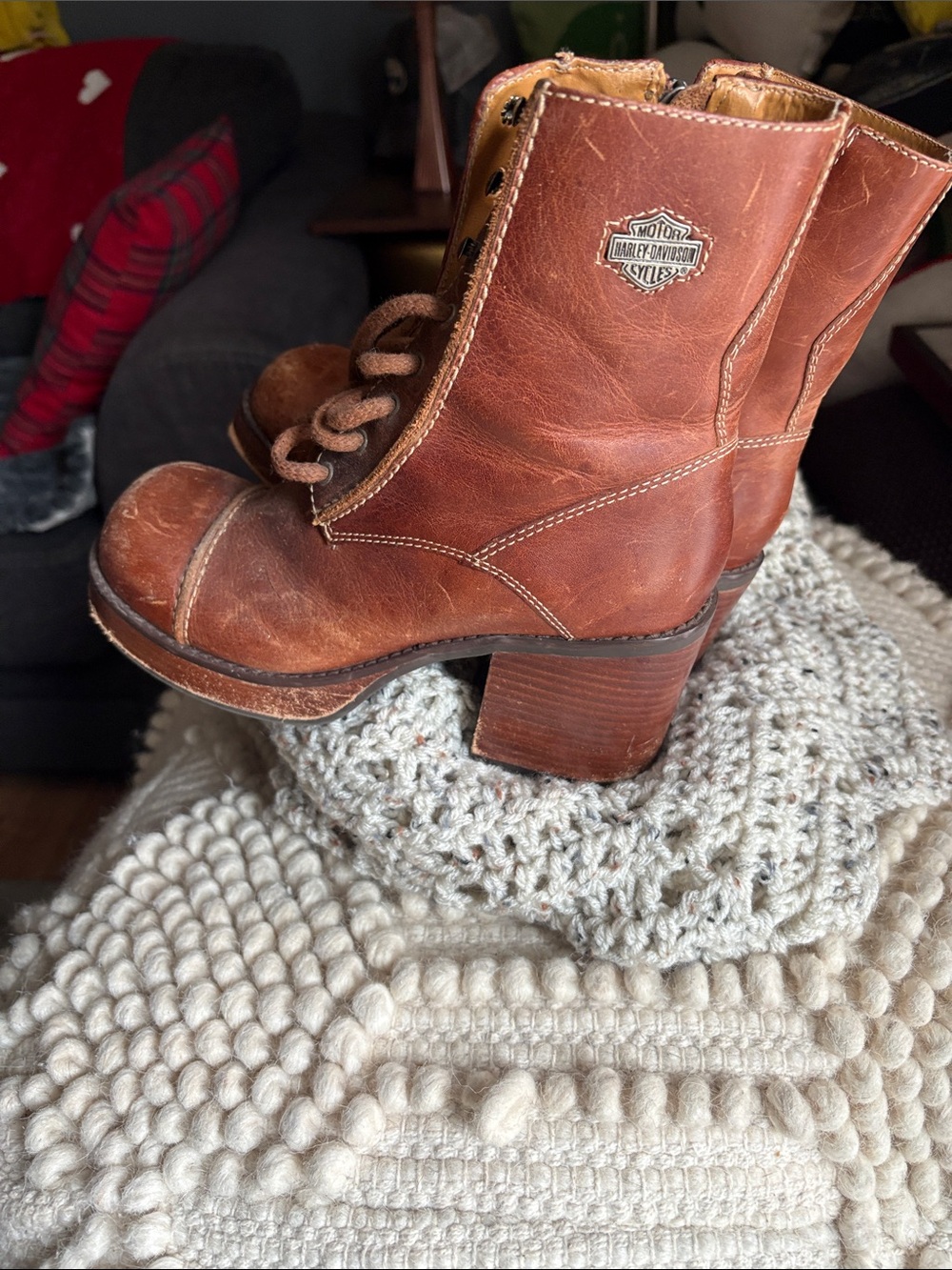 Harley-Davidson Women's Cognac Leather Lace-Up Heeled Boots